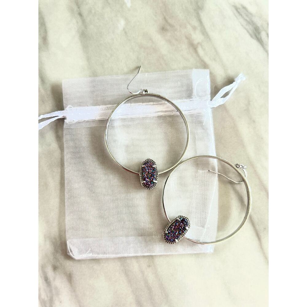 Kendra Scott Elora Silver & Glitter Dark Purple Stone Hoop Earrings